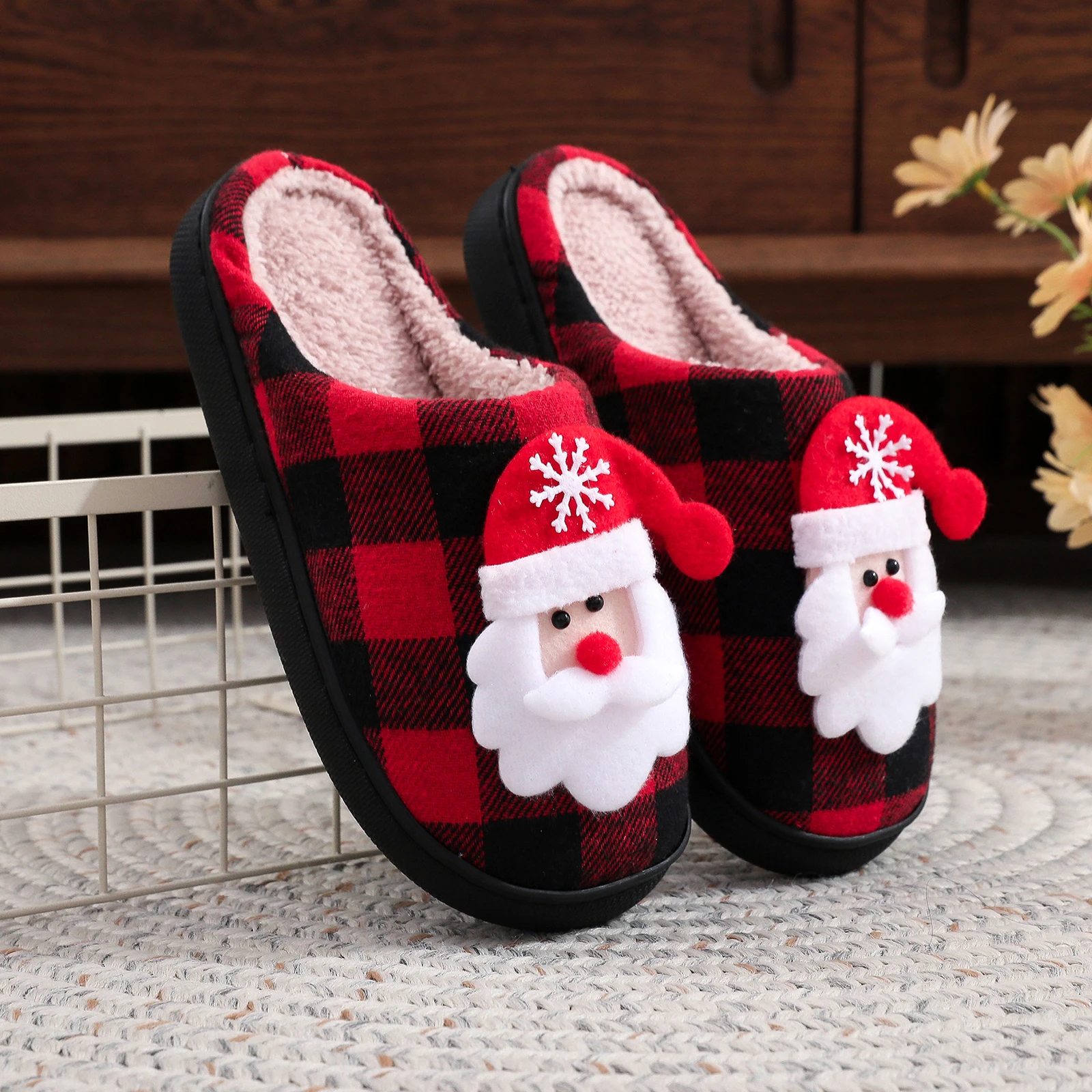 

Christmas Plush Slippers Fuzzy Indoor Winter Warm Slippers Santa Claus Fluffy Slippers for Unisex Adult Holiday Christmas Gifts