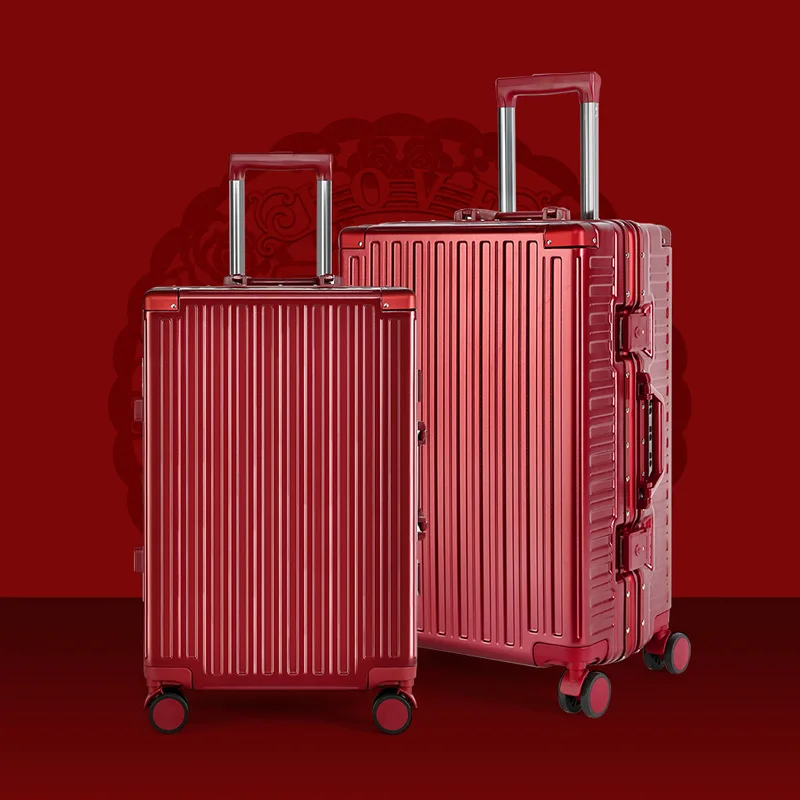 High-End Bagage Bruiloft 24 Inch Rood Aluminium Frame Trolley Koffer Spinner Cabine Koffer Grote Capaciteit Reis Lockbox