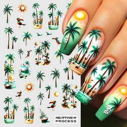 Green Coconut Tree Beach Nail Sticker Tropical Flamingo Flower Leaf Summer Nail Art Decals Adhesive Sliders Decorations Manicure