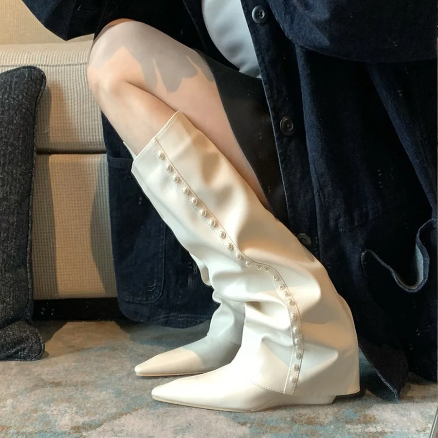 

Leather Ankle Boot Tube High Heel Pointed Toe Women's Spicy Girl Knee High Boot PU Leather Rubber Sole Boot