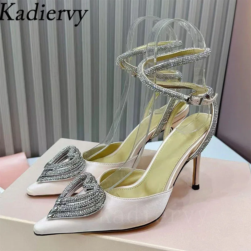 Luxury Rhinestone High Heels Women Pumps Pointed Toe Ankle Buckle Strap Summer Sandals Woman Satins Crystal Shoes For Women