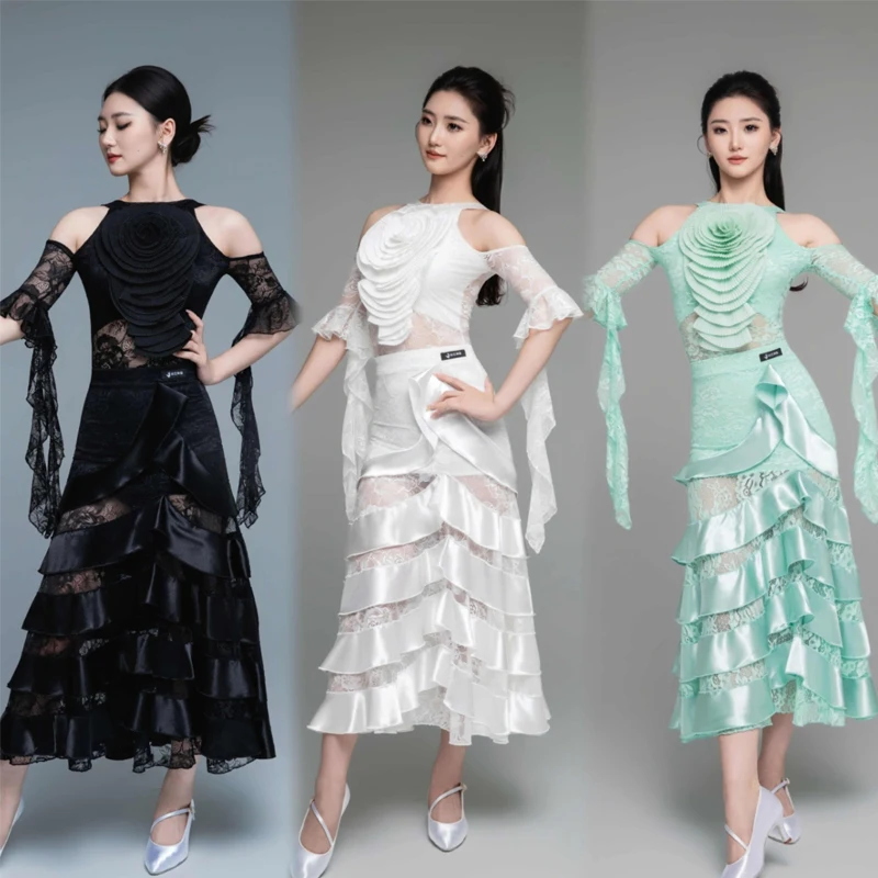 

Женский костюм для бальных танцев, сексуальный кружевной топ с рюшами, юбки с рюшами для взрослых, самба, одежда для соревнований по латинским танцам, платья SL13692