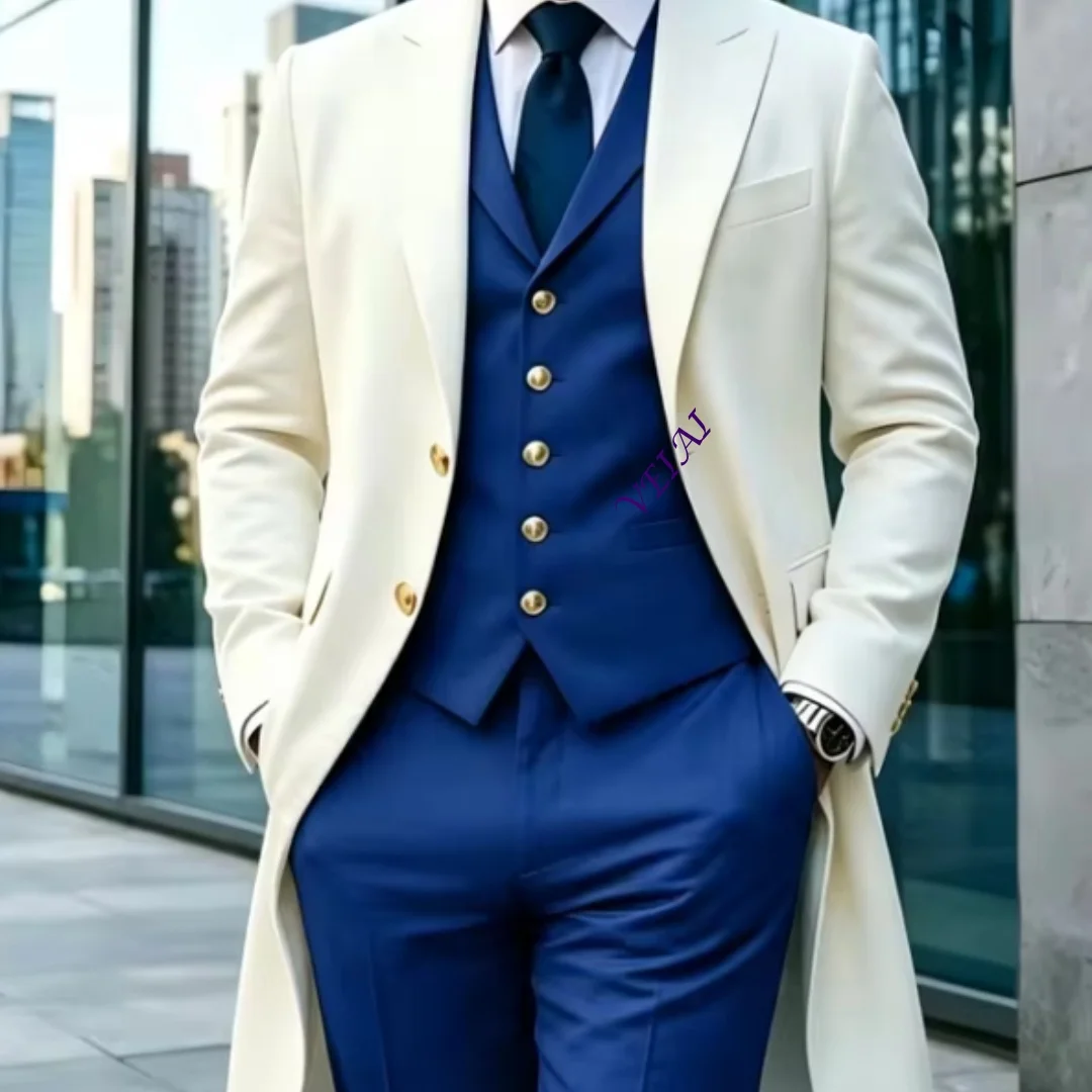 CustomizedIvory Long Blazer Men's Suits 3 Piece Set Single Breasted Wedding Dress Tuxedo Prom Slim Fit Business Suits Jacket+Ves