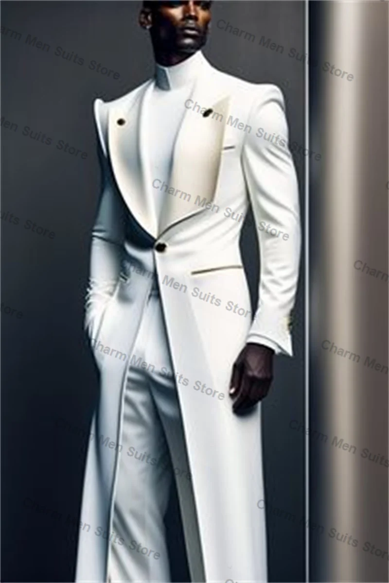 White Men Suits Set 2 Piece Long Blazer+Straight Pant Trouser Customized Cotton Groom Wedding Tuxedo Formal Office Prom Jacket