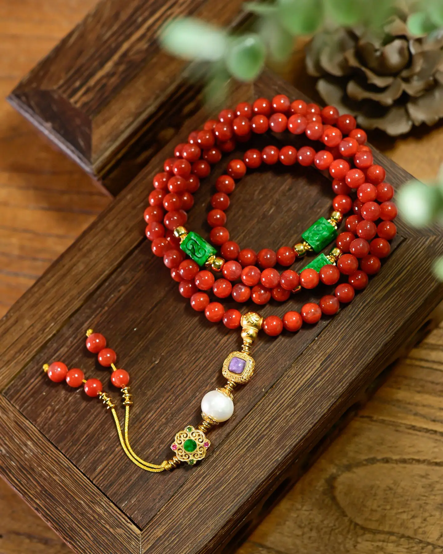 Natural Red Agate Bracelet & Necklace Set, Grade-A Dry Green Jadeite Carved Square Beads 4-Layer, 2-in-1 Versatile Jewelry Gift