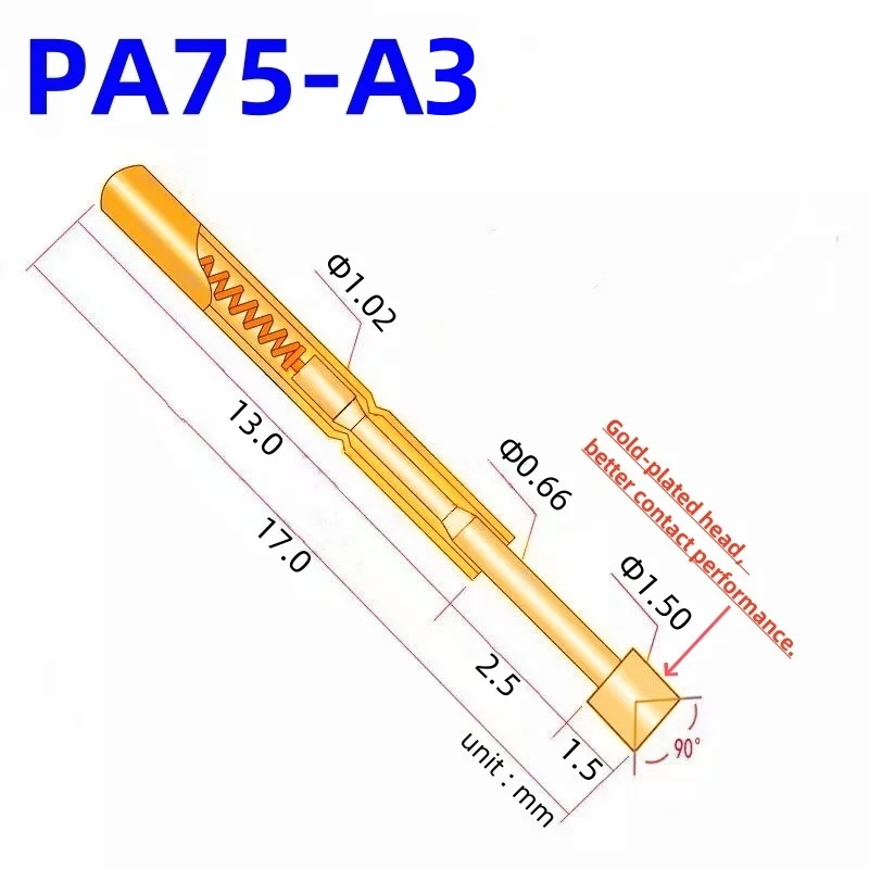 

100PCS PA75-A3 Spring Test Probe PA75-A Test Pin Test Tool 17.0mm Dia 1.02mm Gold Needle Tip Dia 1.50mm Pogo Pin P75-A P75-A3