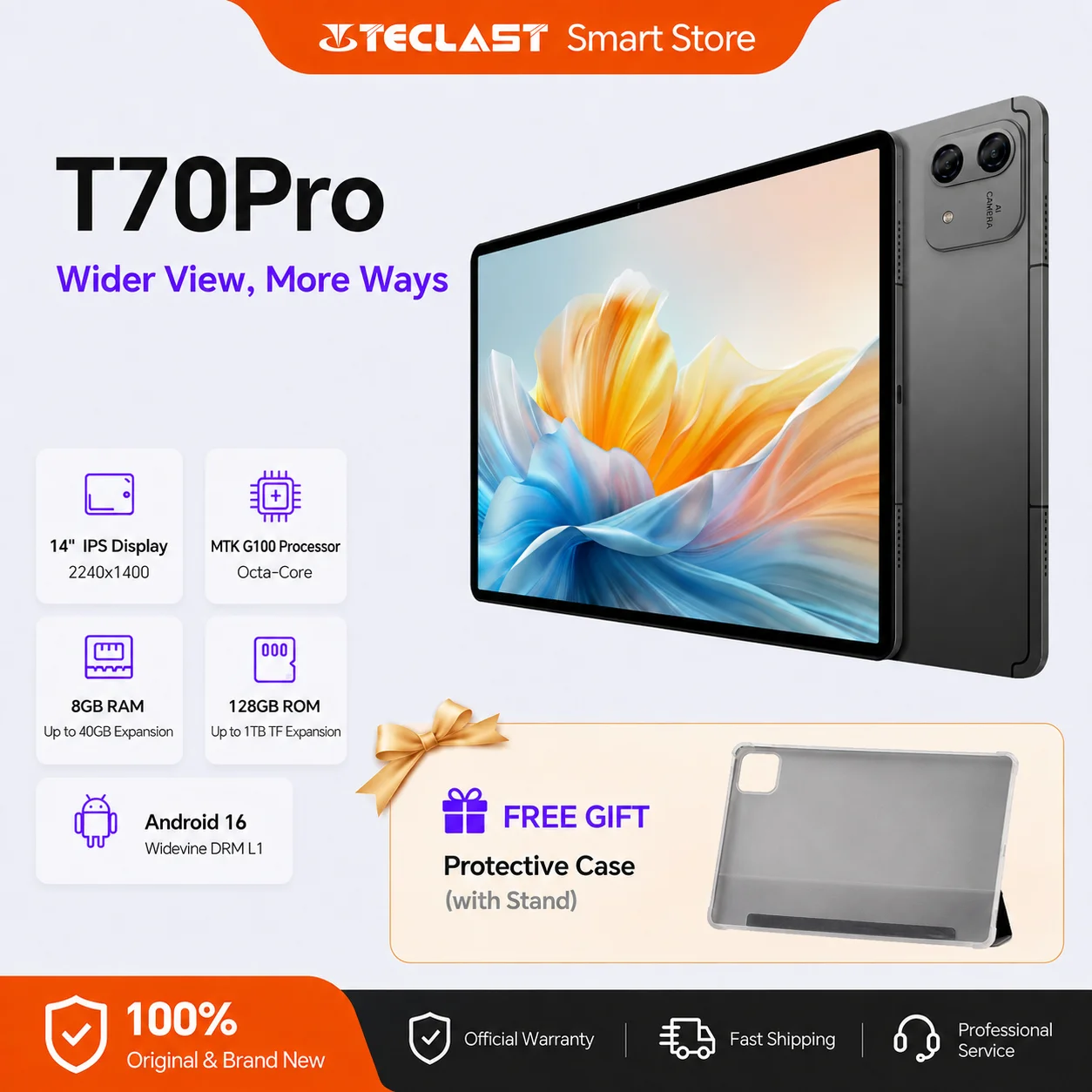 Teclast T70Pro 14 Inch Android 16 Tablet Gemini AI MTK G100 8GB+128GB 2.2K IPS 10000mAh 4G LTE Dual SIM GPS Widevine L1 T70 Pro