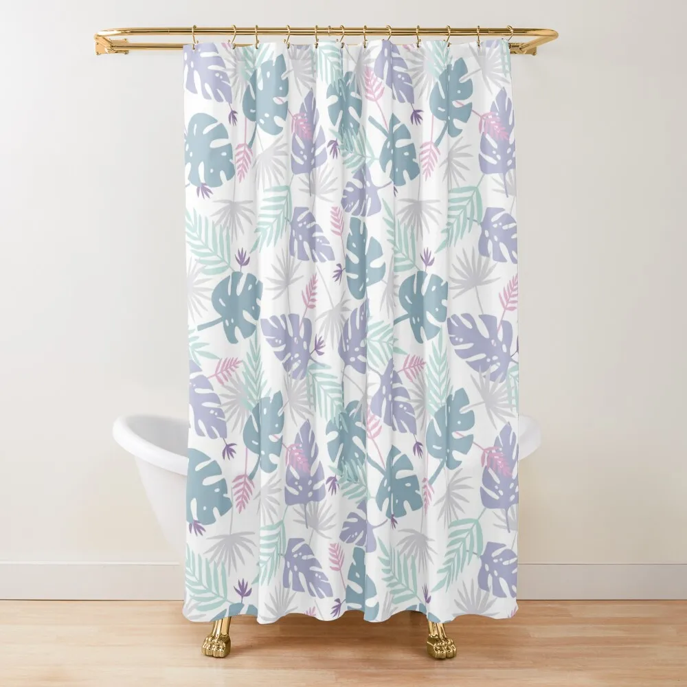 

80s Purple Pastel Paradise Tropical Leaves Shower Curtain For The Bathroom Anime Bathroom Curtain