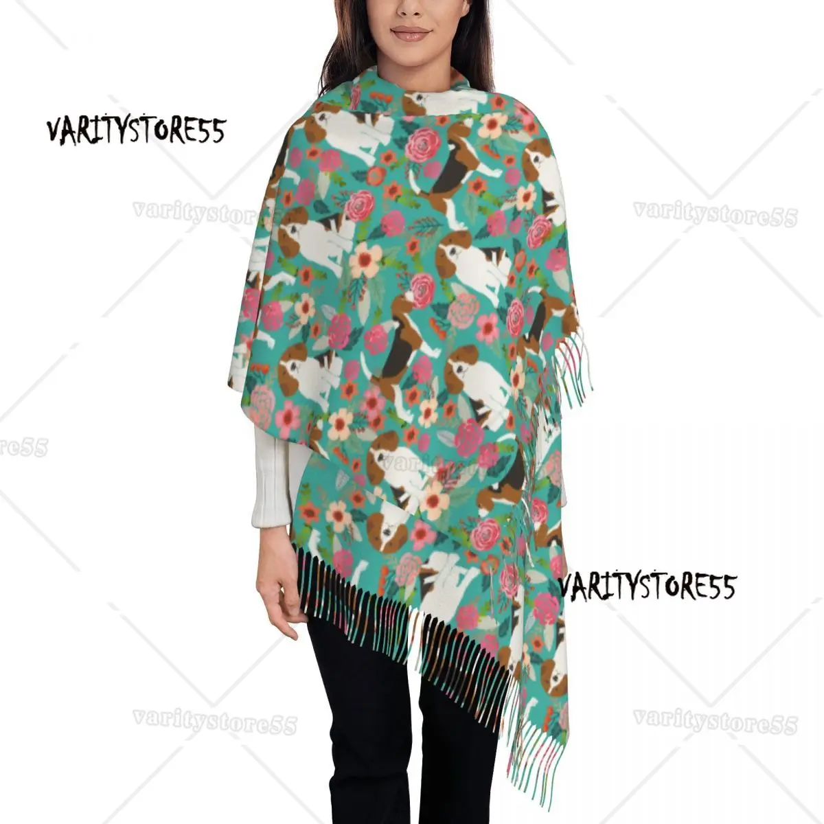 Sciarpa da donna con nappa Beagle Florals Dog Large Winter Warm scialle e Wrap Animal Daily Wear sciarpe di Pashmina