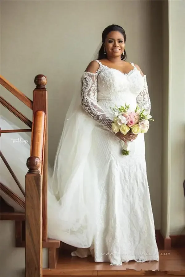 Robe de Mariée Sirène Personnalisée à Manches sulf, Col Bijou, avec Traîne Amovible, Sexy, Grande Taille, en Dentelle, sur Mesure, Bride Africaine