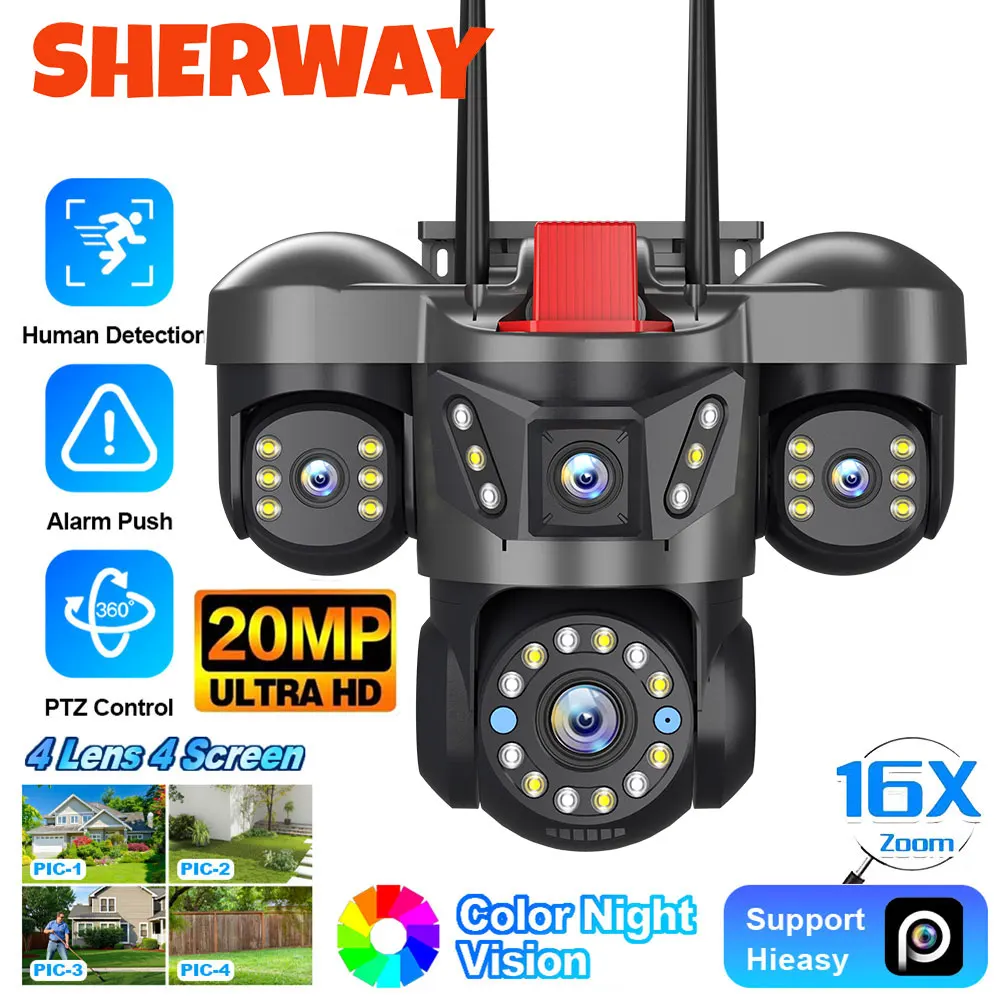 20MP 10K Four Screens WiFi Security Camera Outdoor Four Lens 360° PTZ 16X Zoom  Auto Tracking CCTV  Wireless Surveillance IP Cam