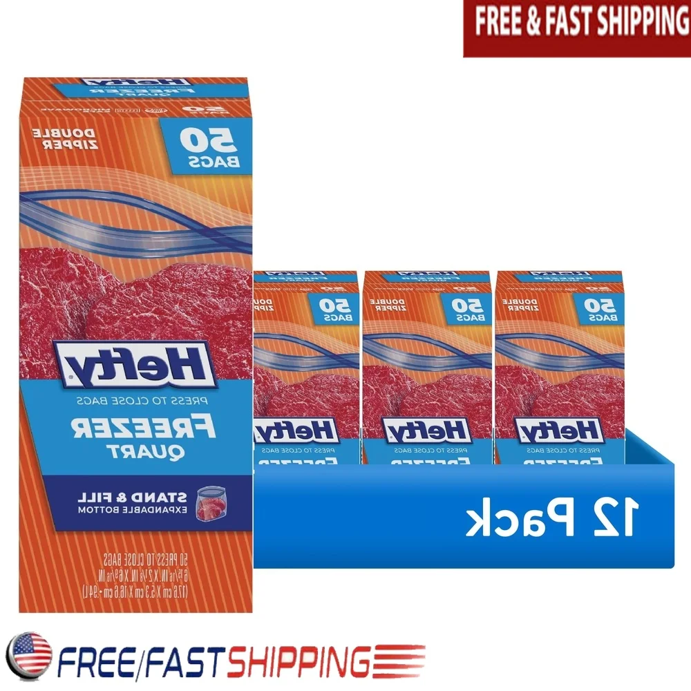 

12 Pack Quart Size Press to Close Plastic Freezer Bags with Double Zipper Food Storage Microwave Safe Easy Fill