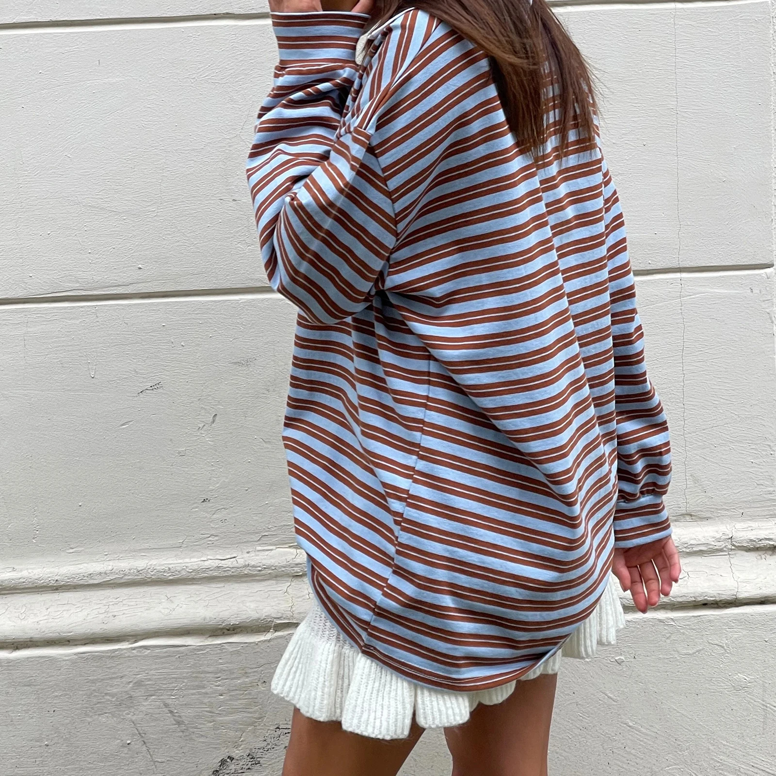 Neue Mode Frauen T-Shirt Langarm Drehen Unten Kragen Streifen Herbst Tops Streetwear Für Casual Täglichen Heißer Verkauf S M L