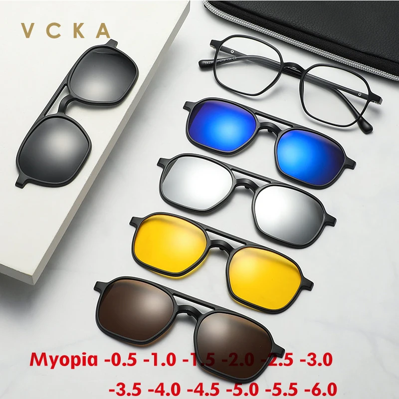 VCKA 6 In 1  Women Polarized Myopia Sunglasses Optical Magnetic Clip on Men Prescription TR90 Glasses Frame -0.5 TO -6.0