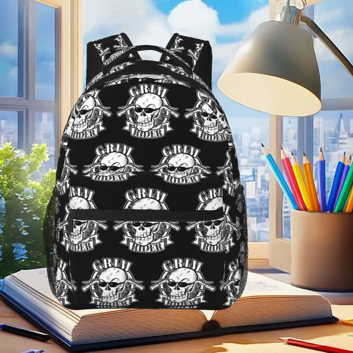 

Grim Skull Rider Backpack Student Boys Girls BookBag Children School Bag Laptop Shoulder Bags for Men Women