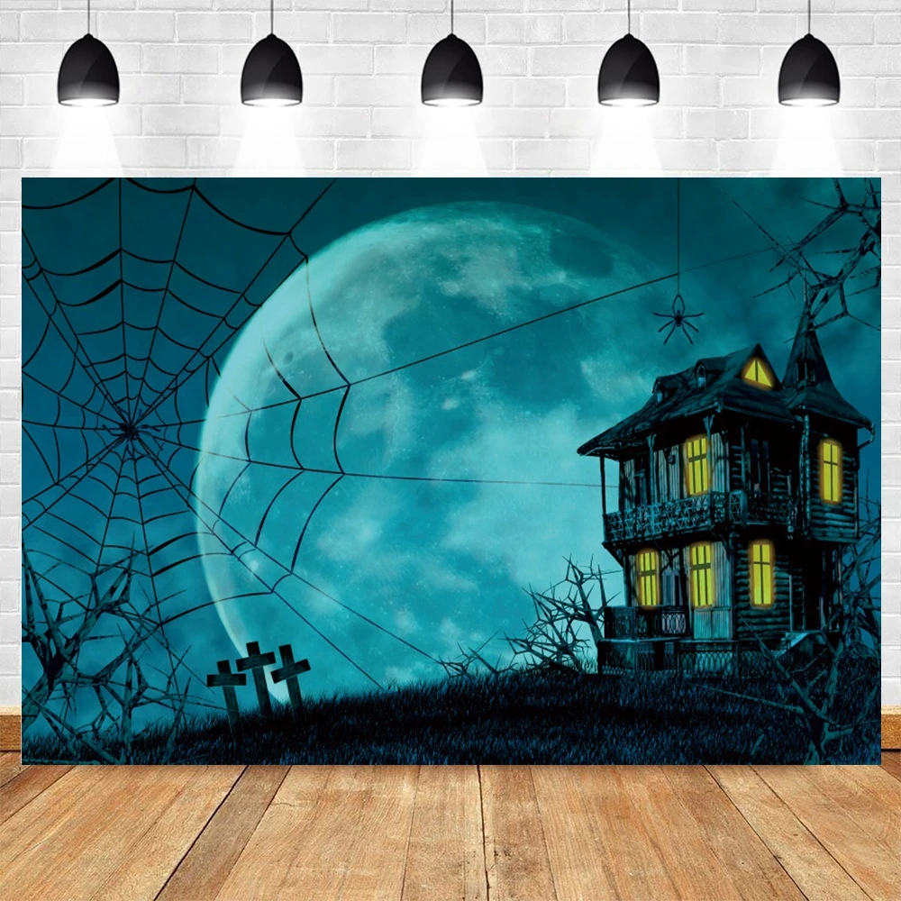 Horror Castle Halloween Photography Backdrop Horror Forest Full Moon Night Pumpkin Lantern Tombstone Halloween Photo Background