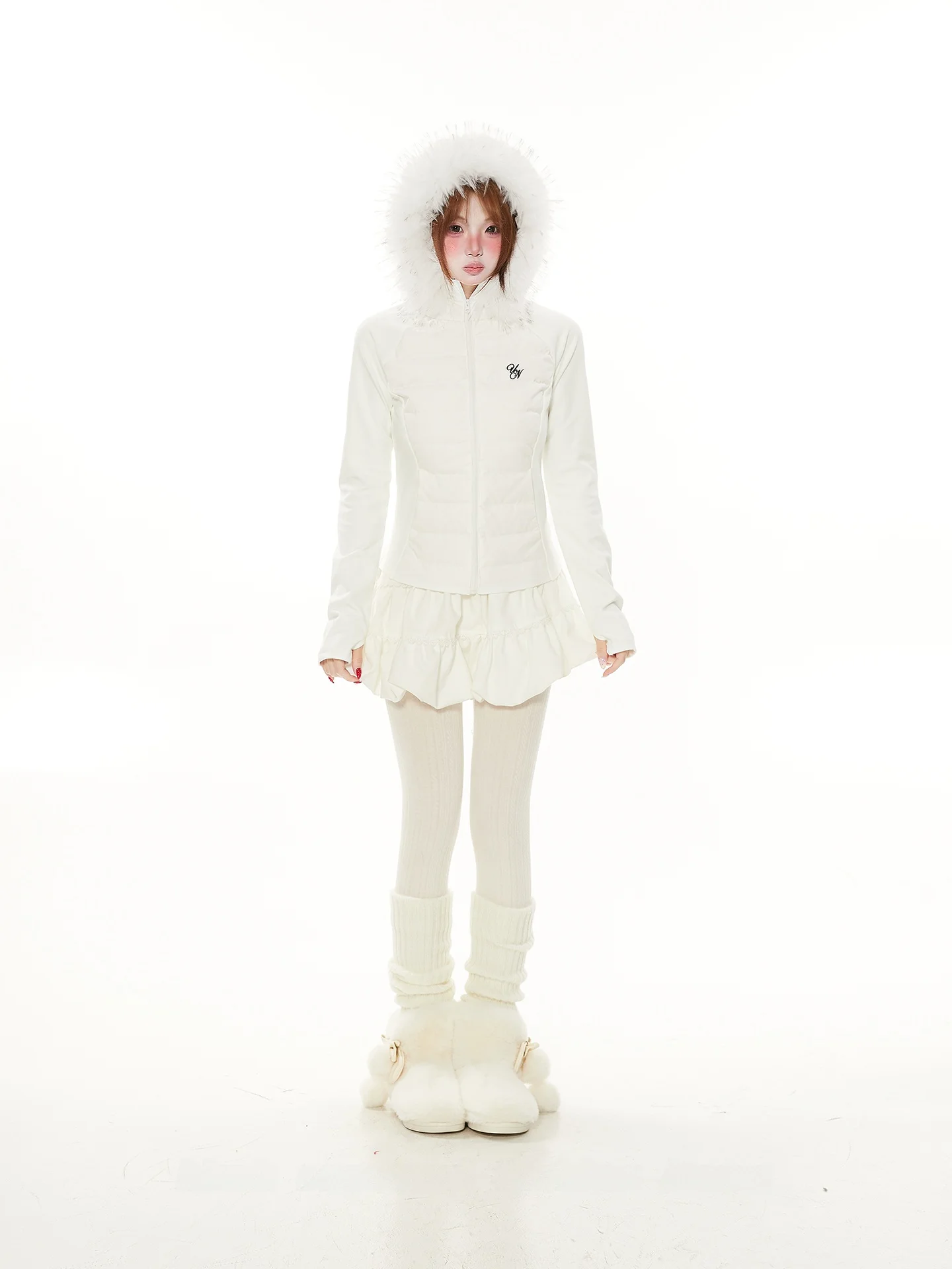 

Korean Sle Casual Lightweight Hooded Du down Jaet Women's Winter Slimming 90% White Du Feather Coat with Fur Collar