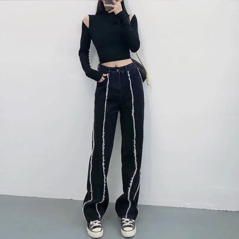 2025 Spring and Autumn New High Waist Slimming Tall Straight Leg Loose Wide Leg Black Women's Jeans Floor-Mopping Pants Trendy