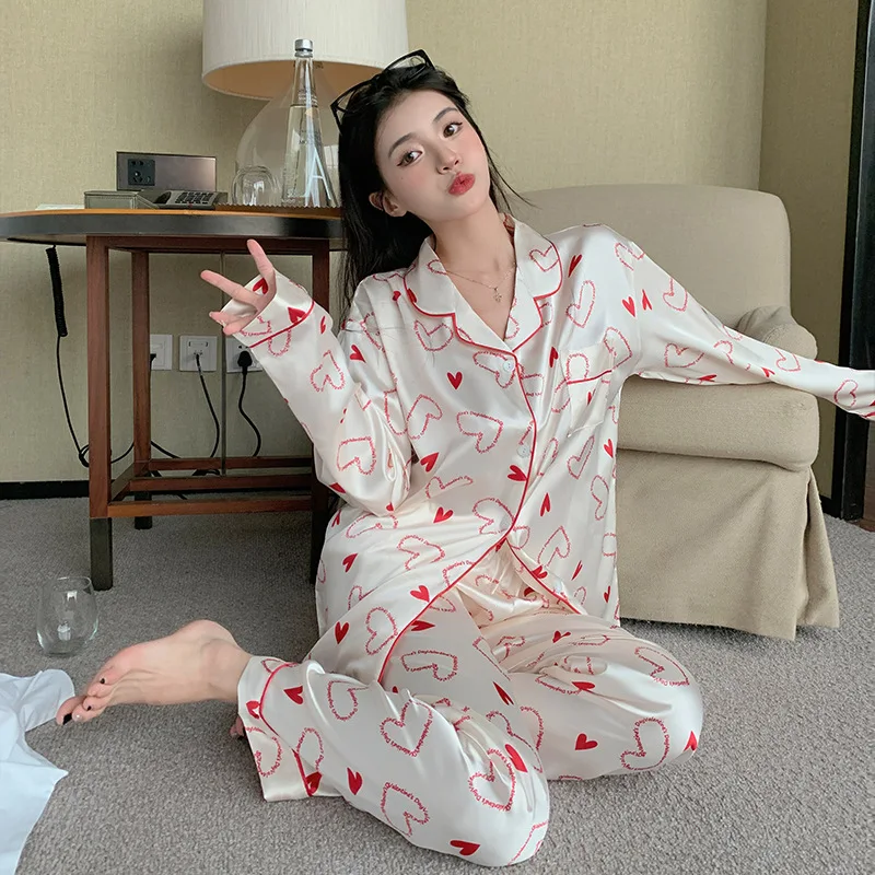 Women\'s Pajamas Sets Spring Autumn 2 Piece Print Heart Pyjama Faux Silk Satin Sleepwear Long Sleeve Pijama Mujer Pjs Homewear