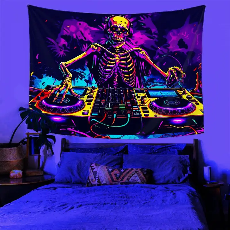 VIKAMA Neon DJ Skeleton Discs Cool Tapestry, Electronic Music Wall Hanging for Bedroom Living Room Dorm Decor