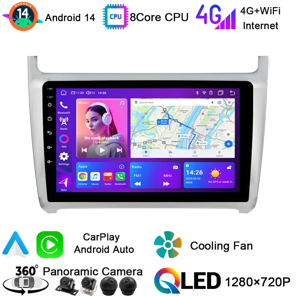 

10-дюймовая система Android14 B T5.0 GPS 4Gмультимедийный плеер DVDcar аудио DSP CarPlay головное устройство для Volkswagen Polo MK5 Vento 2009-2020
