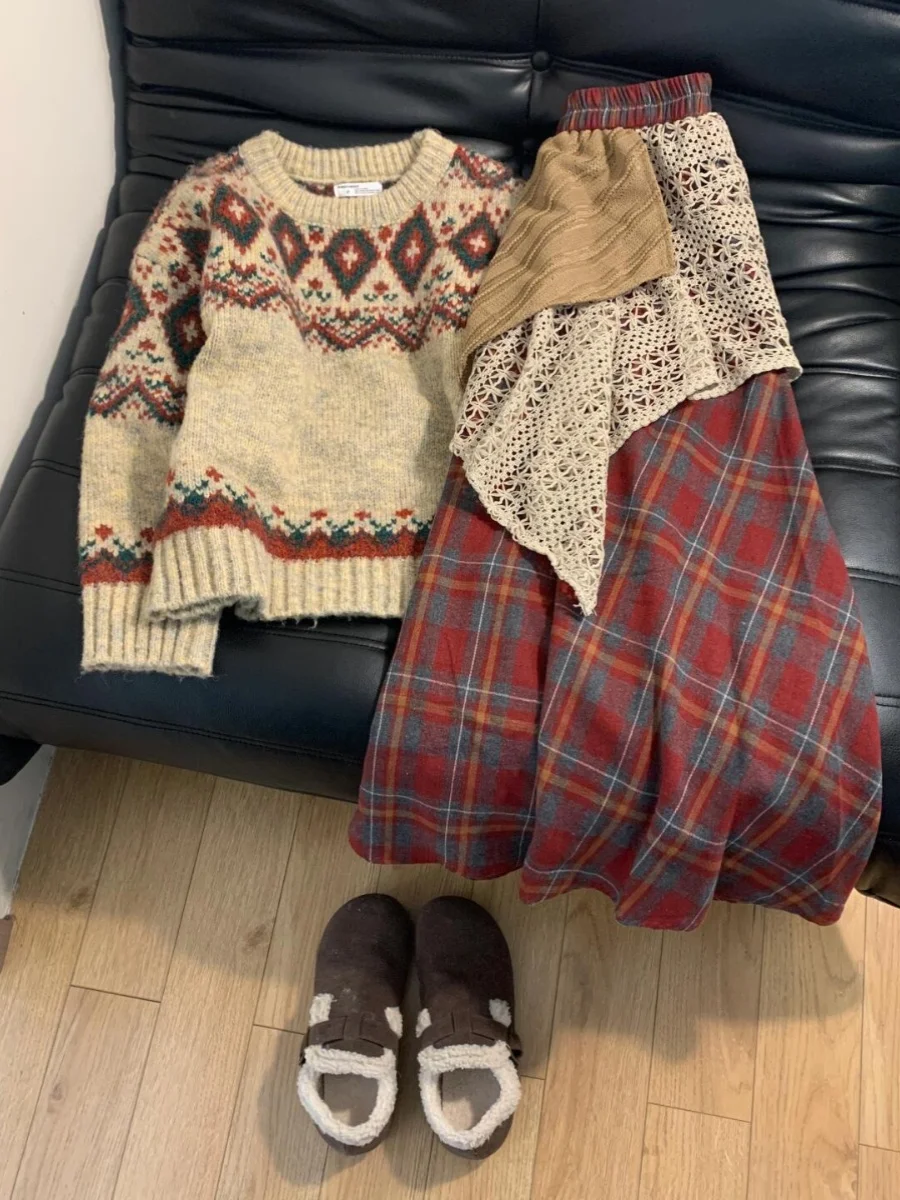 เสื้อสเวตเตอร์ถักไหมพรมผู้หญิงสไตล์เรโทรฮ่องกง ลาย Fair Isle นุ่ม อุ่น ใส่สบาย เหมาะสำหรับฤดูใบไม้ร่วงและฤดูหนาว แฟชั่น