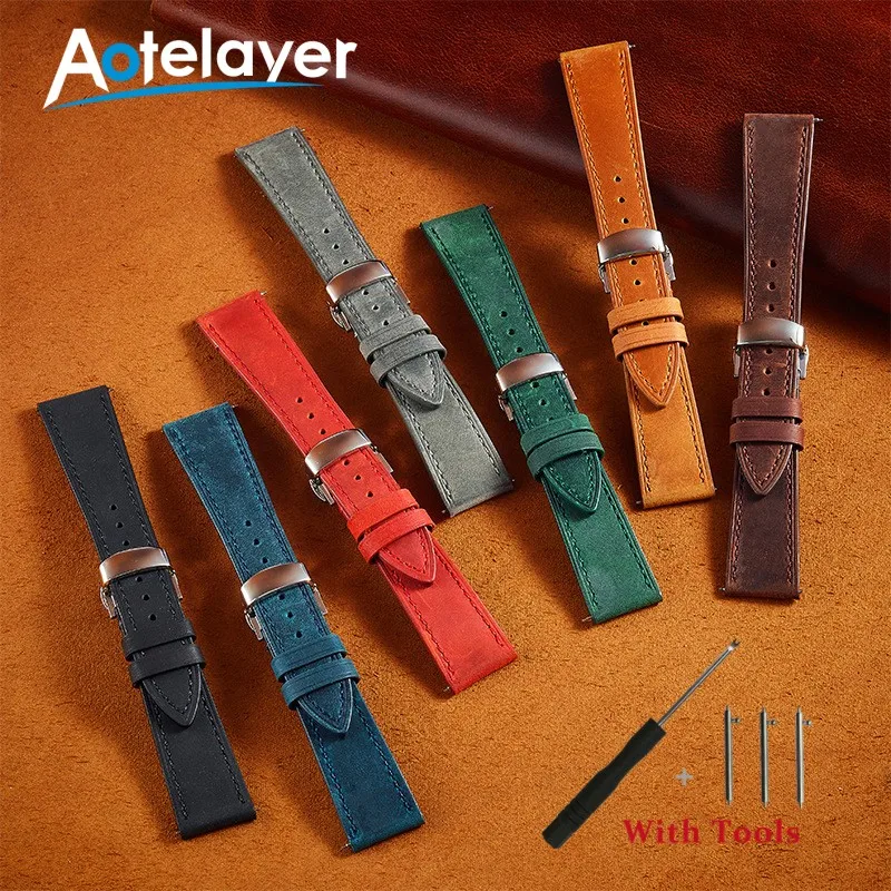 

18 19 20 21 22 24mm Quick Release Soft Cowhide Leather Watch Strap with Buterfly Buckle Universal WatchBand Bracelet Accessories