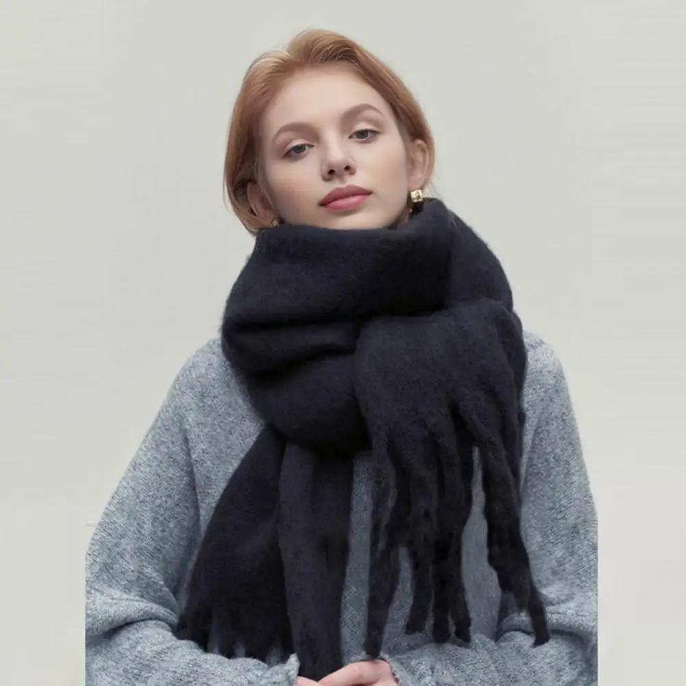 

Soft Touch Solid Color Scarf Cozy Knitted Winter Scarf with Tassel Detailing Women's Thick Warm Scarf for Cold Weather Versatile