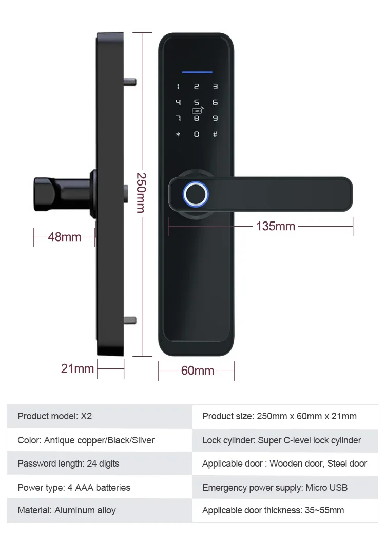 X2 Smart Digital Electronic Lock Fingerprint Password Lock APP Remote Unlock Door Locks Tuya WIFI /TTlock Bluetooth-compatiable