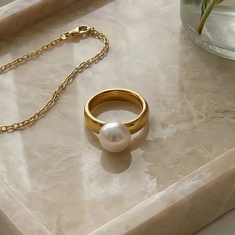 Kalen Fashion Anillos White Simulated-Pearl Rings For Women Gold Color Stainless Steel Wedding Bands Finger Party Jewelry