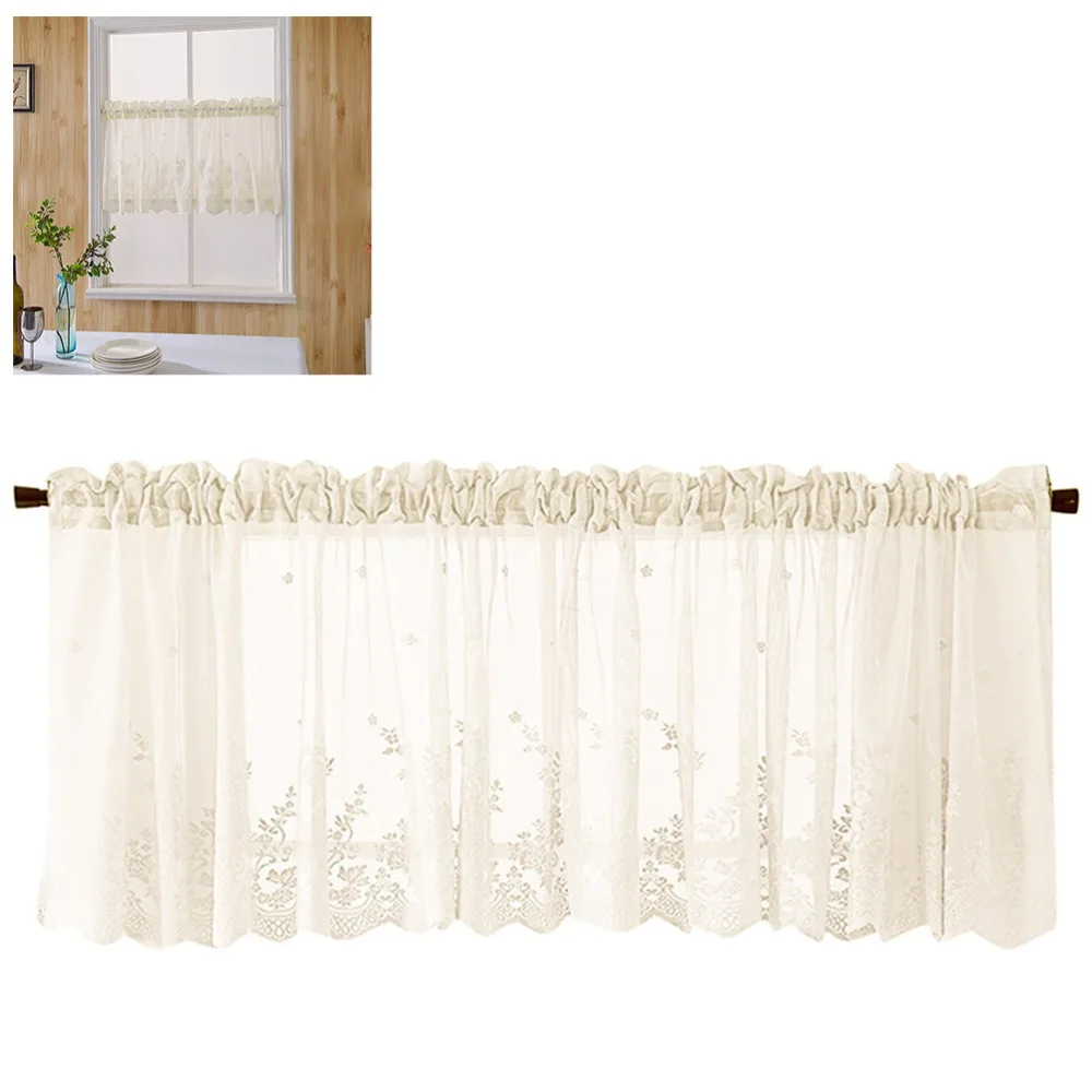 51.18 * 16.14in Lace Curtain Rod Pocket Beige Lace Valance Linen Lace Border Floral Embroidery Style Sheer Curtain For Kitchen