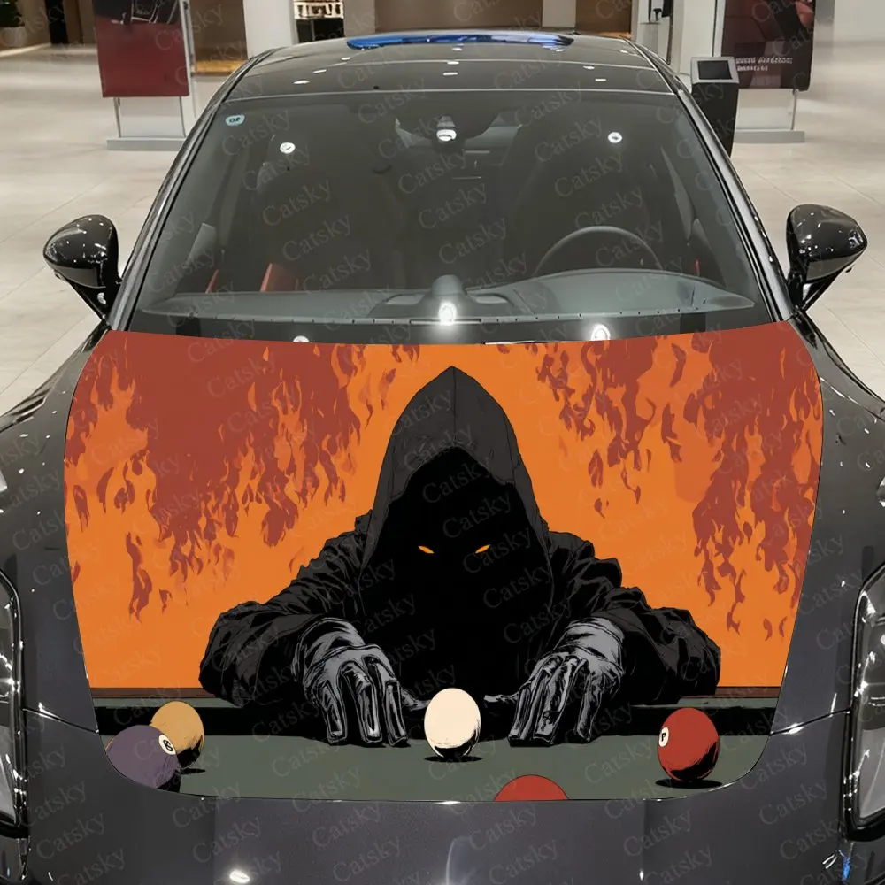 

Chilling Billiards Reaper and Flame Car Cover Decal, Auto Hood Sticker, Waterproof and Self-adhesive Auto Vinyl Wraps, Cool Car