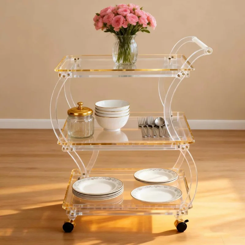 Acrylic Trolley Hotel Gold Triple Service Dining Cart Wedding Supplies Home Furniture