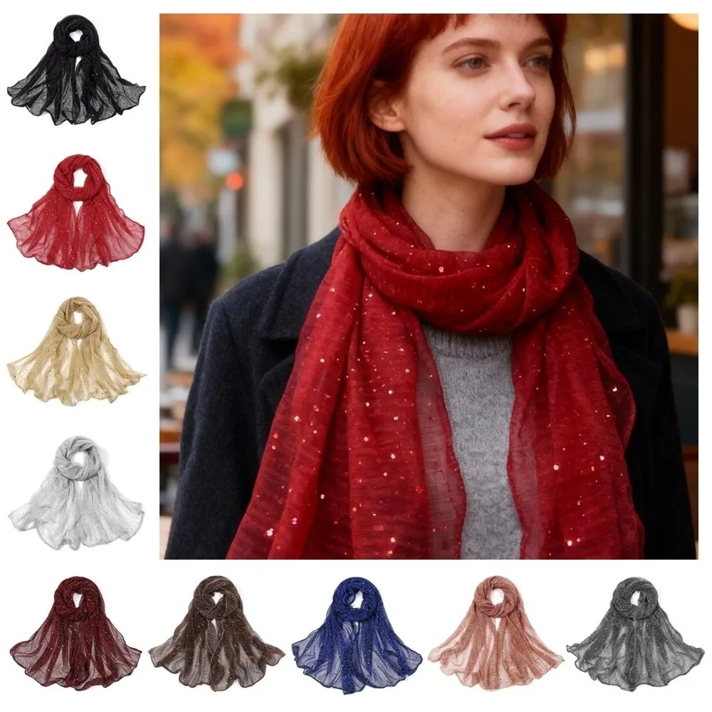 Elegant 155×70cm Sequin Scarf Breathable Twinkling Sequins Hijab Shawl Lightweight Thin Transparent Hijab for Women