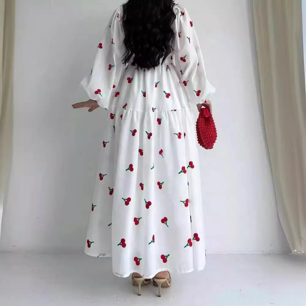 Sukienki damskie maxi z długim rękawem, kołnierzykiem i nadrukiem owoców, w stylu bohemy, sznurowane, Vestidos 2025 Jesień