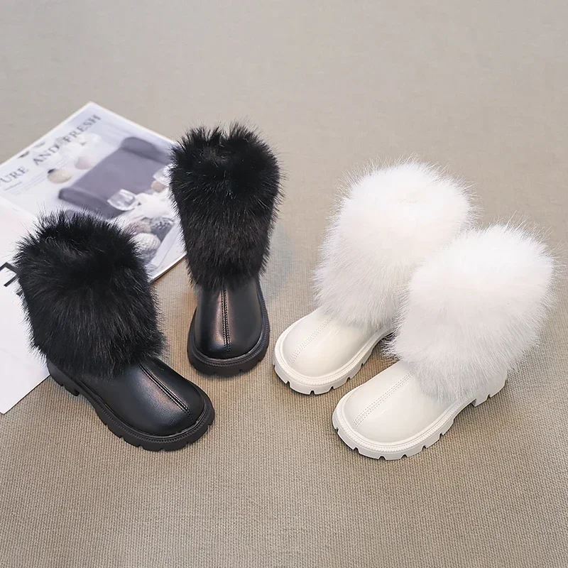 Girls Mid Calf Winter Boots Kids Plush Warm Snow Boots Non-Slip Thick Rubber Sole Fashion Children Outdoor Casual Leather Boots