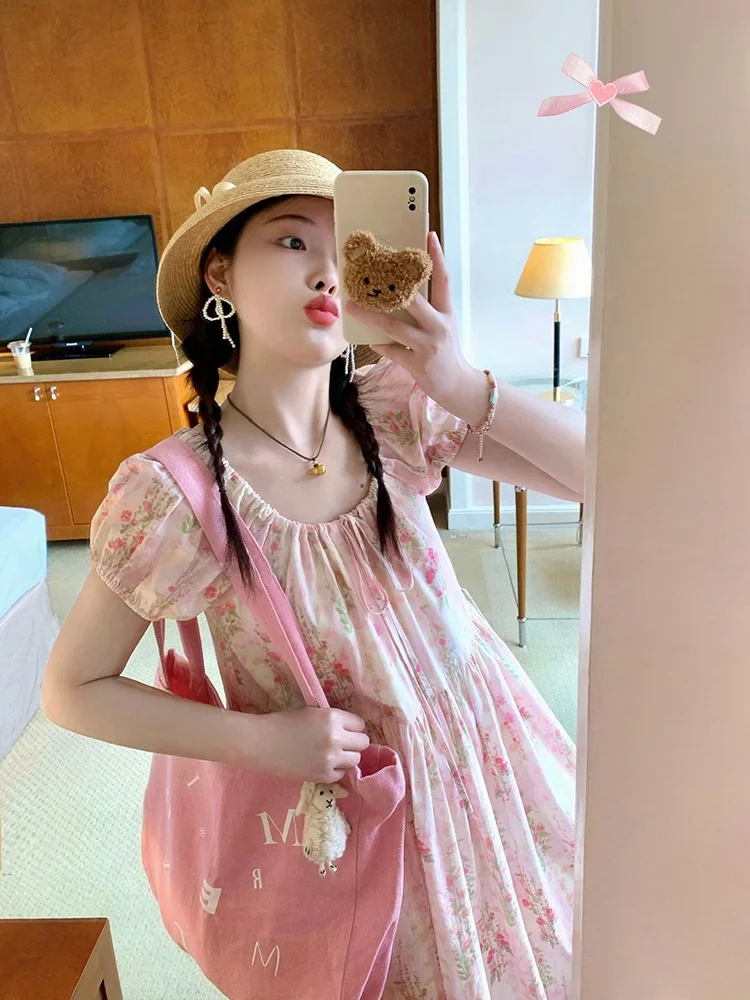 

Fufufun Original Summer Floral Dress Drawstring Adjustable Waist Bubble Sleeve Cotton Casual Citywalk Date Party Dress