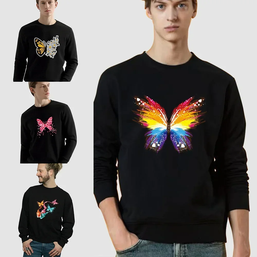 Men's Fashion Pullover Black Long Sleeve Sweatshirt Color Butterfly Print Round Neck Casual Autumn Warm Commuter Comfortable Top