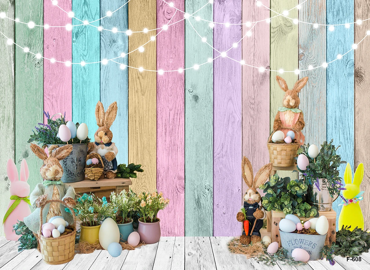 Rabbit Bunny Backdrops Photography For Happy Easter Decoration Flowers Spring Backgrounds Eggs Wood Board Brick Wall Decor