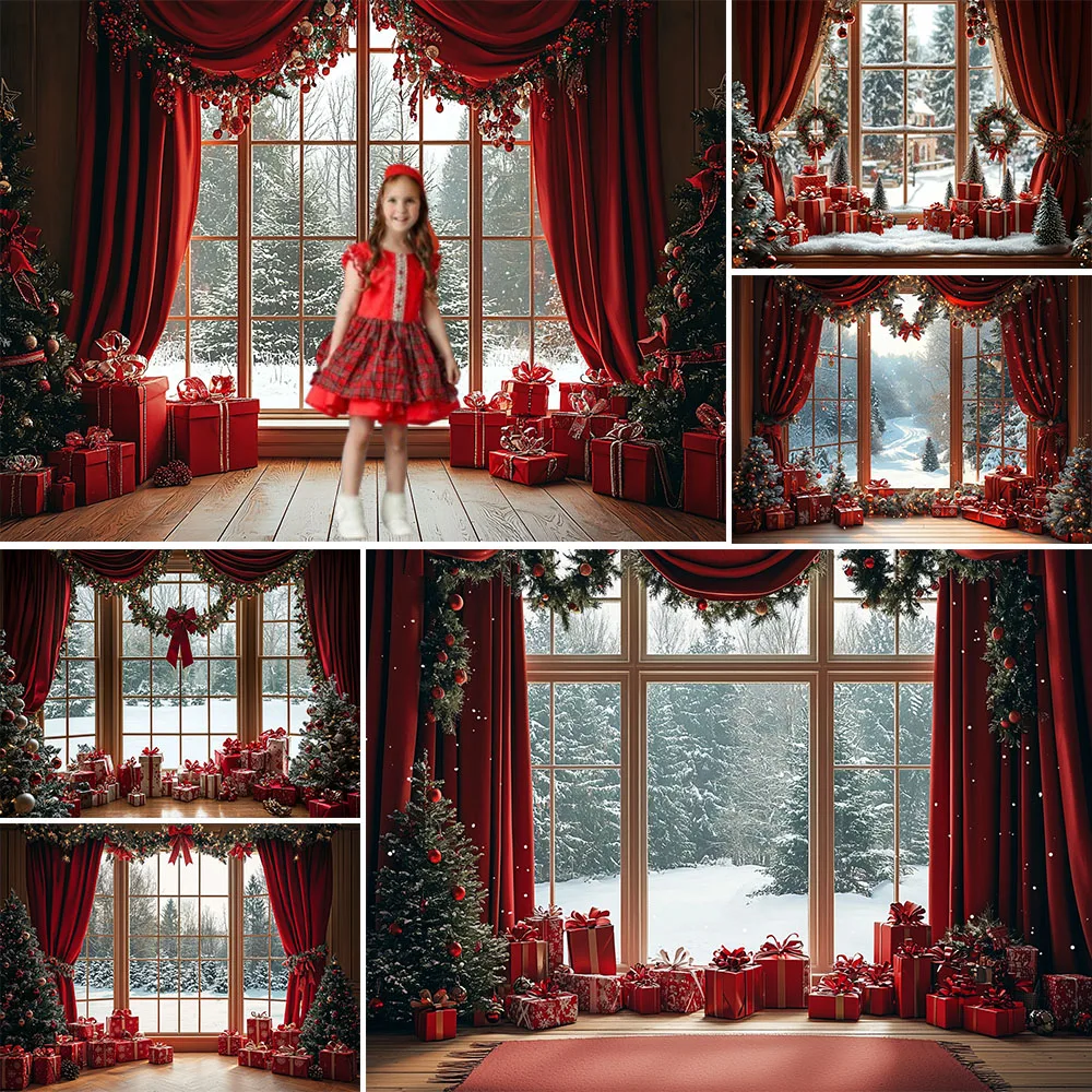 ฤดูหนาวคริสต์มาสห้องการถ่ายภาพพื้นหลังสีแดง Xams ต้นไม้ตกแต่งหน้าต่างเด็กวันหยุดภาพพื้นหลังสตูดิโอ Props แบนเนอร์