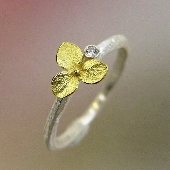 Hot Selling New S925 Sterling Silver Ring Hydrangea Flower 18k Yellow Gold Clover