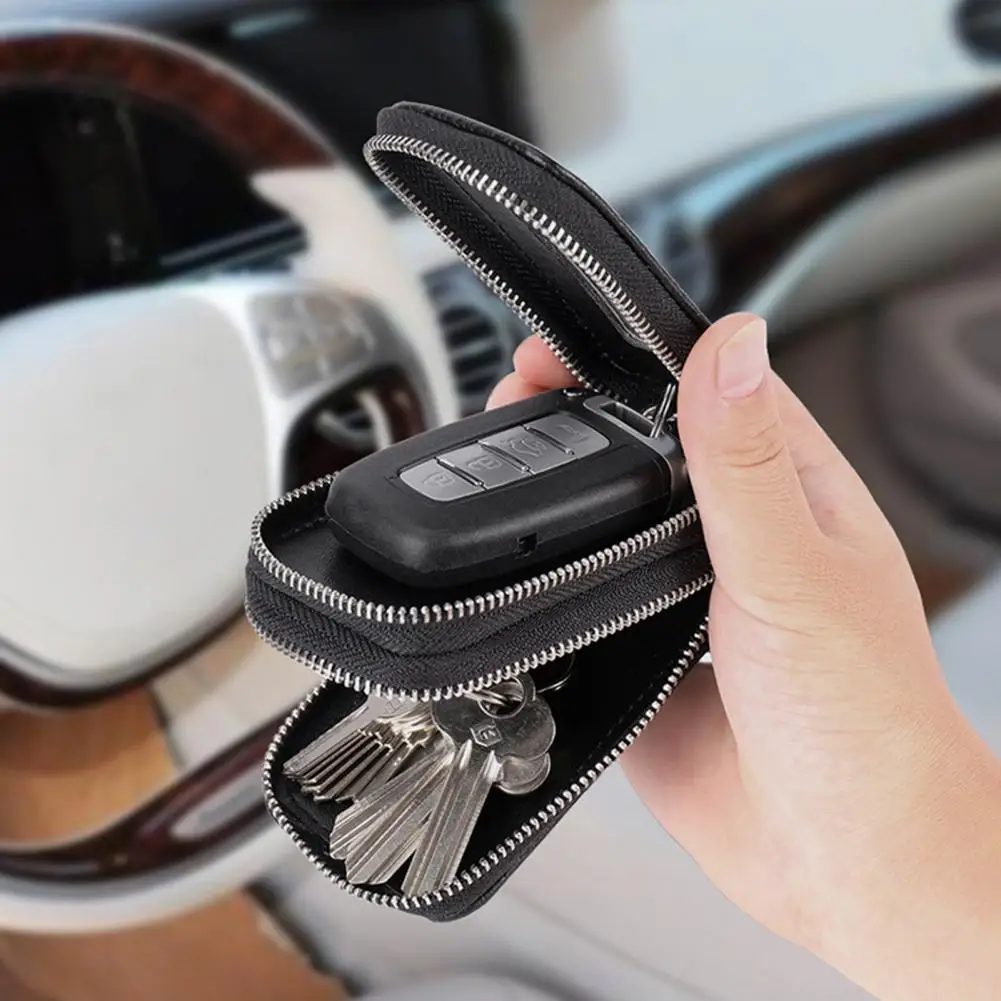 Key Organizer Pouch Faux Leather Car Key Case with Window Metal Hook Keyring Chain Portable Remote Key Fob Holder Zipper Pouch