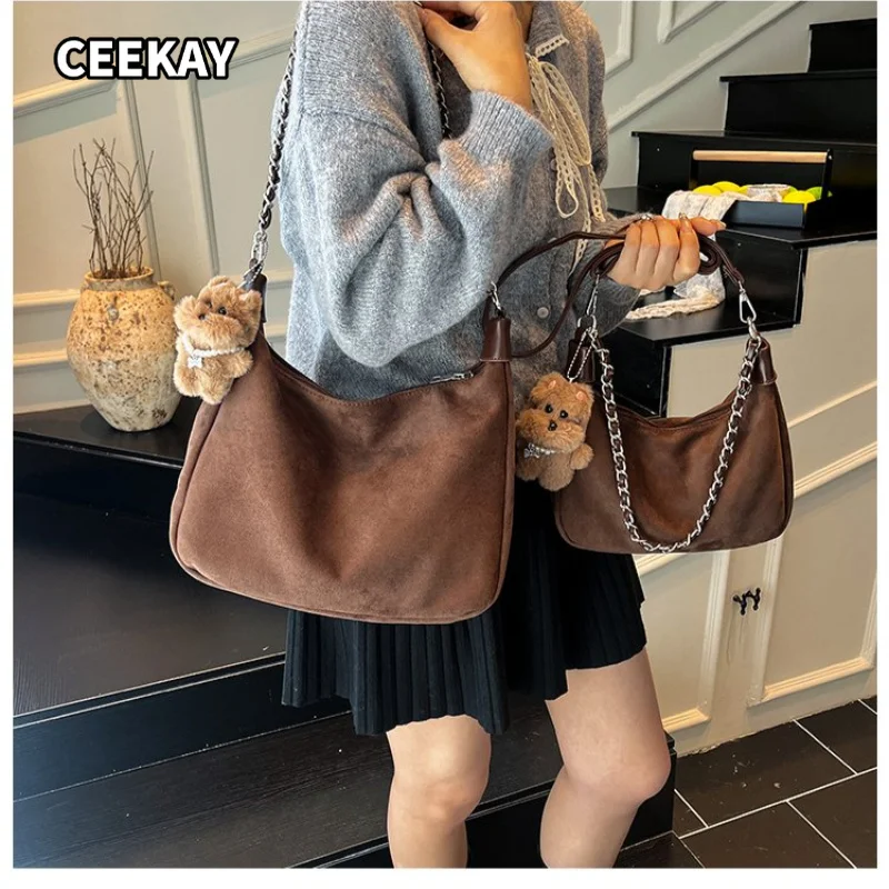 CEEKAY Women's Shoulder Bag Brown Suede Texture Large Hobo Handbag Chain Strap Plush Bear Pendant Daily Casual Cute Style