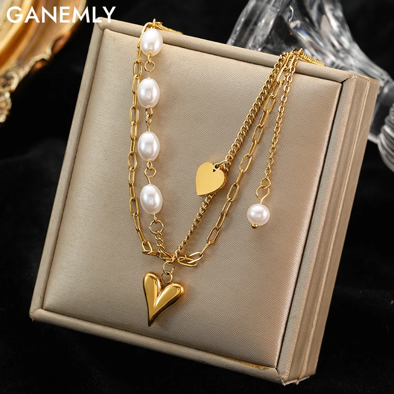 

GANEMLY 316L Stainless Steel Heart Love Pendant Necklace For Women Fashion Pearl Neck Chain Waterproof Jewelry Gift Collar