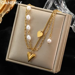 GANEMLY 316L Stainless Steel Heart Love Pendant Necklace For Women Fashion Pearl Neck Chain Waterproof Jewelry Gift Collar