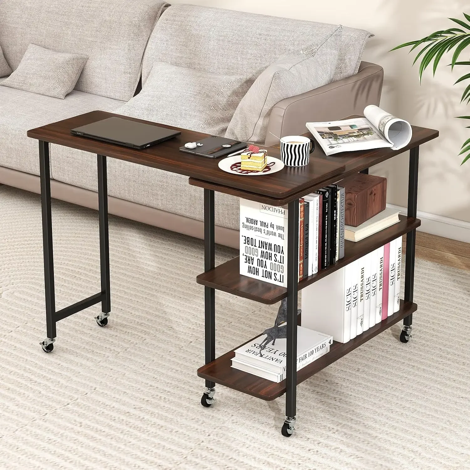 360° Free Rotating Sofa Side Table, Mobile L-Shaped Laptop Desk with Sturdy Metal Frame, 6 Universal Casters, Movable Couch