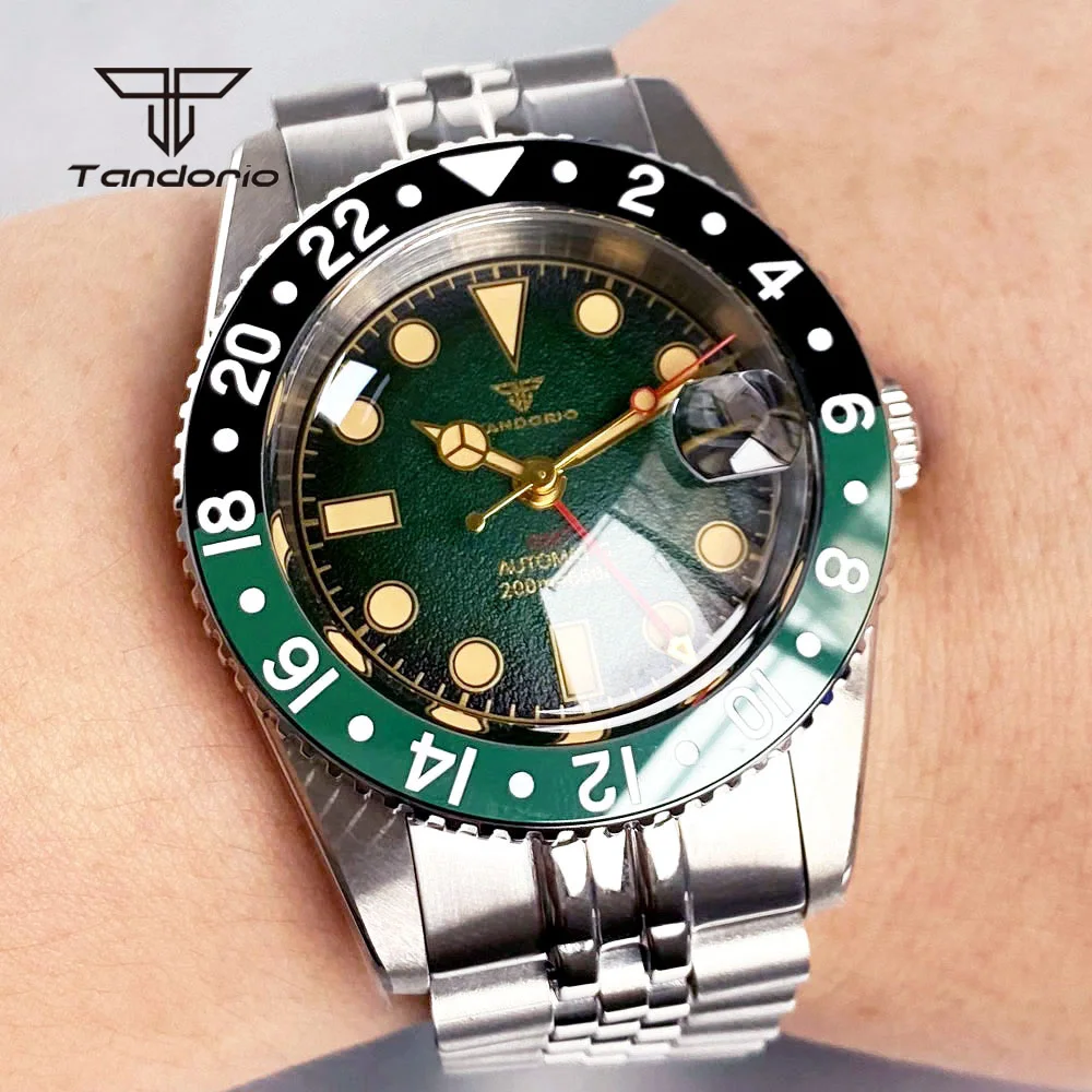 Tandorio Automático NH34 Reloj GMT de acero de 38 mm para hombre Zafiro con cúpula 20ATM Fecha de buzo Reloj de pulsera mecánico con bisel 24H resistente al agua