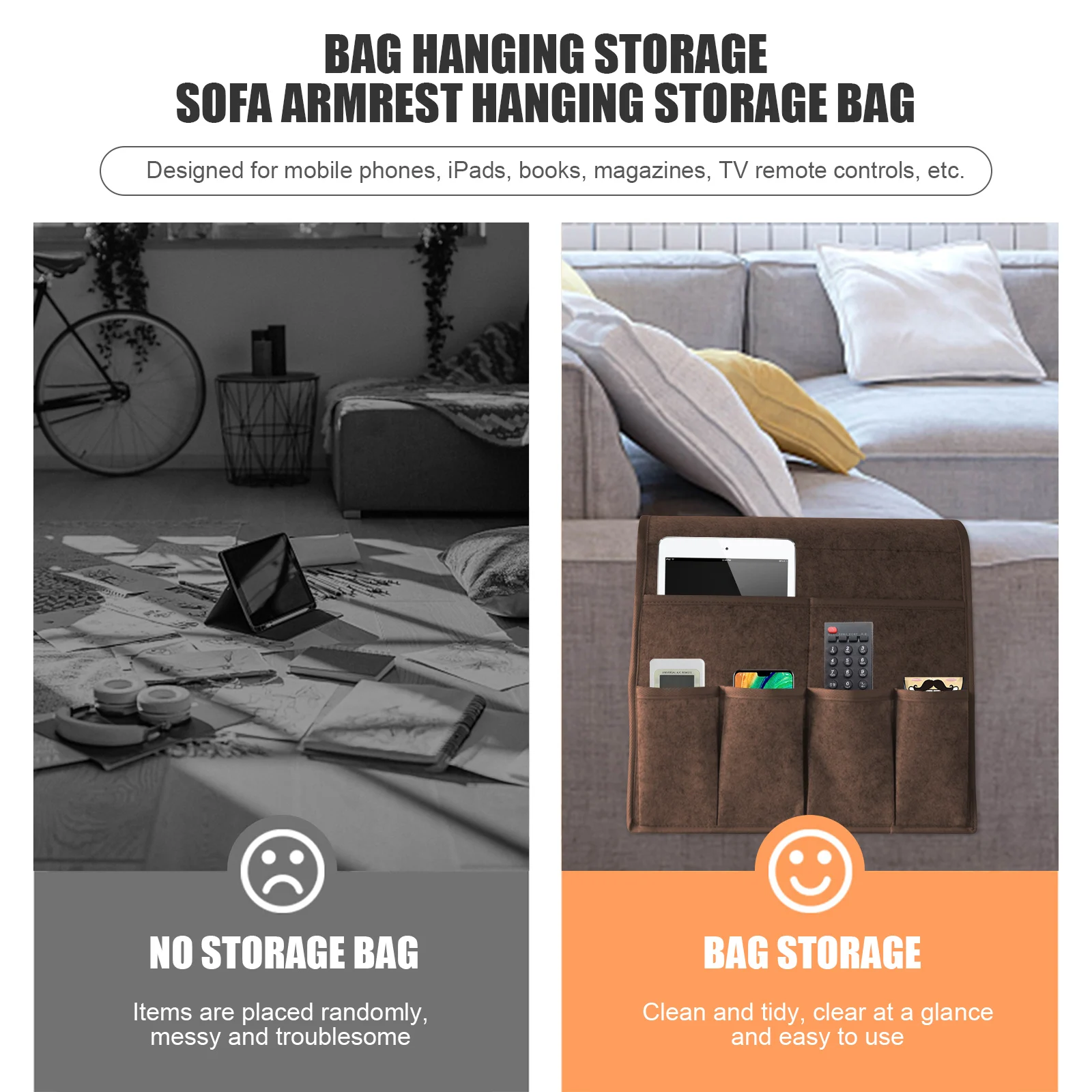 Remote Control Holder Non Slip Sofa Armrest Organizer with 7 Pockets Couch Caddy for Magazine Tablet Phone Chocolate
