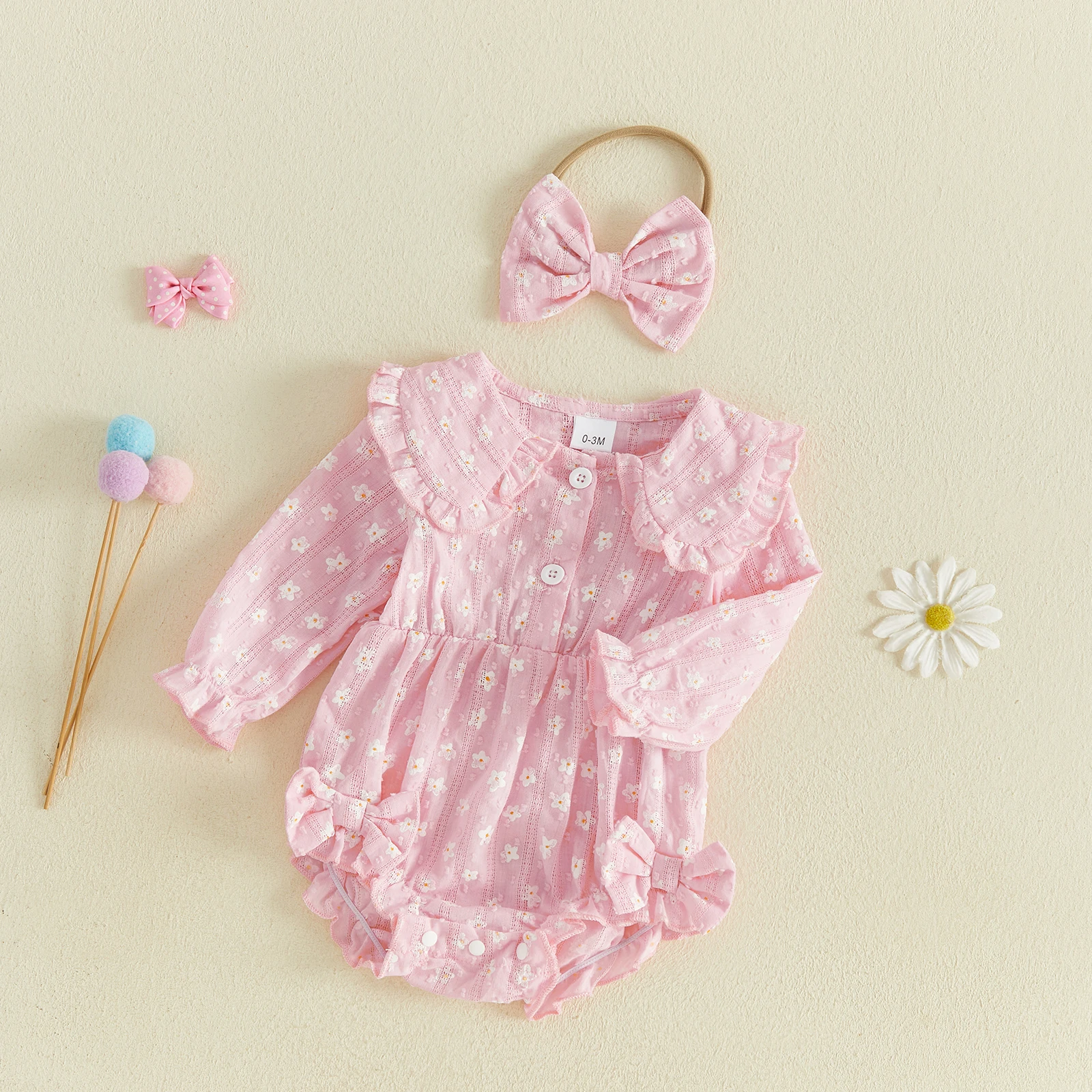 Infant Girl Fall Bodysuits Outfit Puff Long Sleeve Doll Collar Bubble Romper Bow Headband Clothes