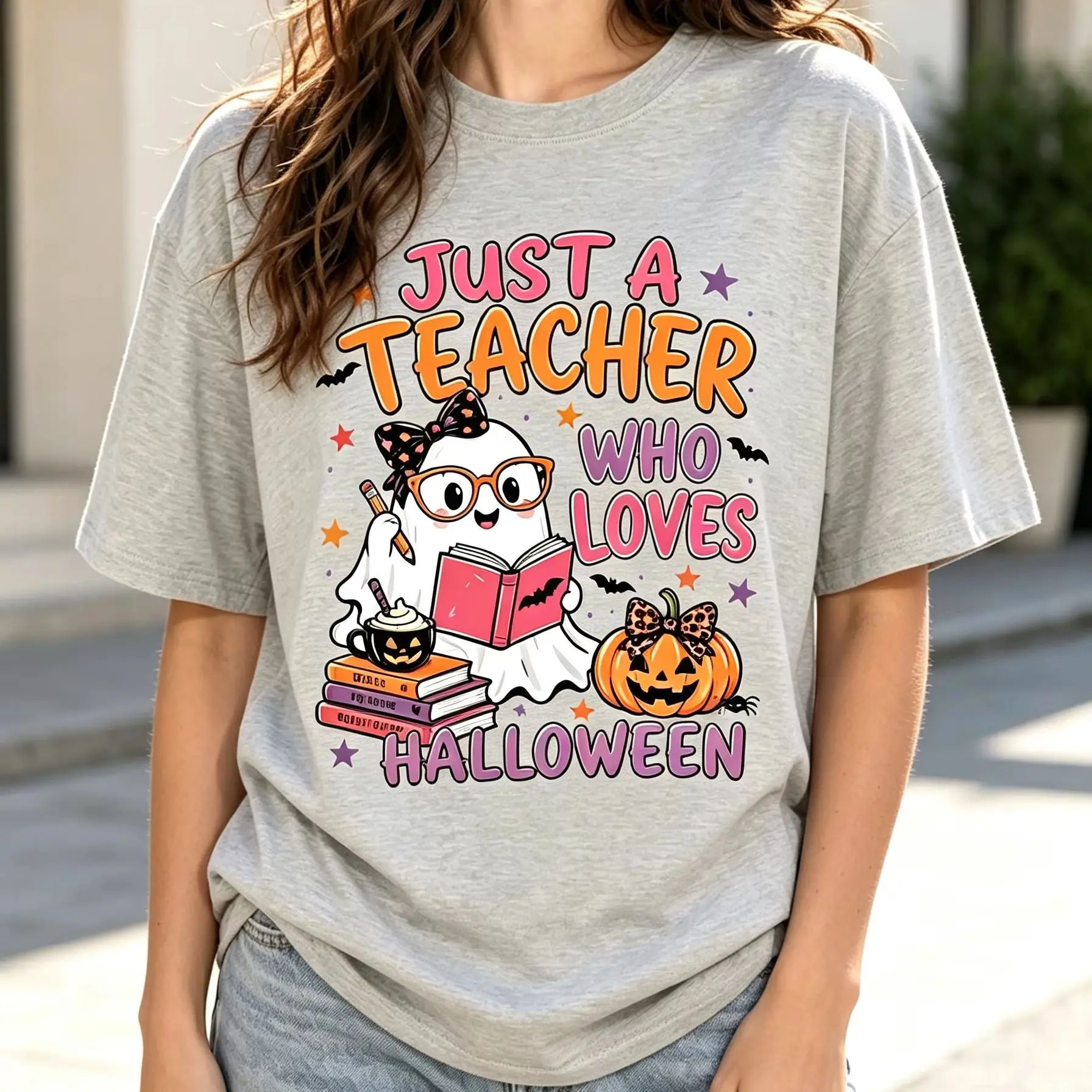 Women Halloween Teacher T Shirt Just A Teacher Who Loves Ghost Pumpkin Book Graphic Loose Short Sleeve Tops